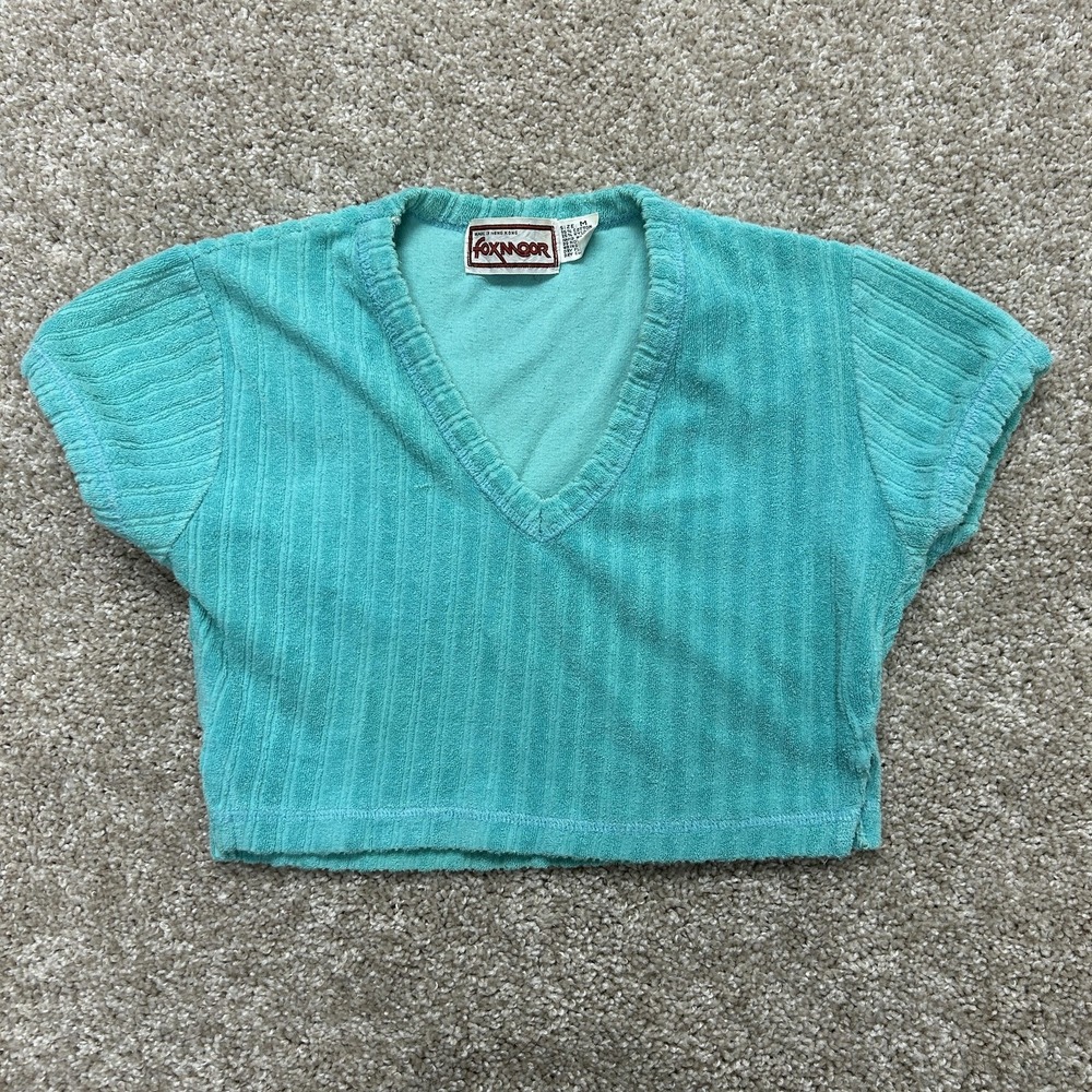 Vintage Foxmoor Shirt Womens Medium Blue Terry V Neck Cropped Short Sleeve Top